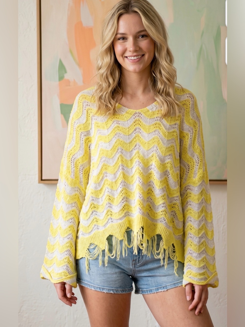 POL Yellow White Chevron Open Knit Fringe Open Back‎ Sweater Top Large Boho